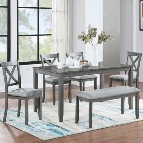 6 Piece Kitchen Dining Set, Rectangular Wooden Dining Table with 4 Upholstered Chairs and a Bench, Dining Table Set for 6 People, Living Room 6 Piece Kitchen Dining Set, Rectangular Wooden Dining Table with 4 Upholstered Chairs and a Bench, Dining Table Set for 6 People, Living Room