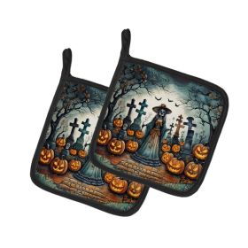 La Catrina Skeleton Spooky Halloween Pair of Pot Holders Kitchen Heat Resistant Pot Holders Sets Oven Hot Pads for Cooking Baking BBQ, 7 1/2 x 7 (Option: default)